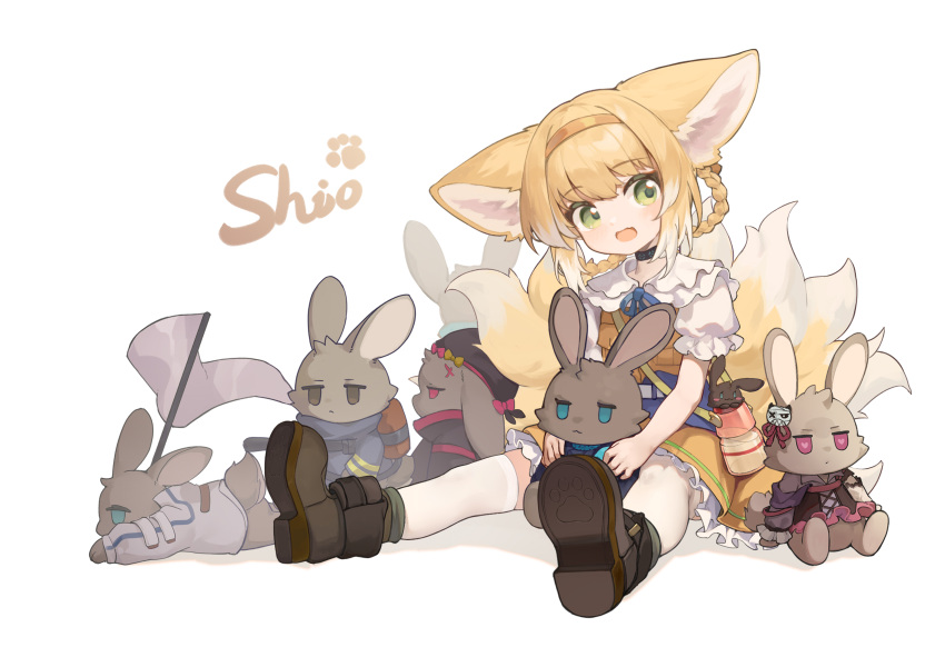 1girl absurdres amiya_(arknights) animal_ears arknights artist_name black_cat black_footwear blonde_hair blue_ribbon blush braid braided_hair_rings cat character_doll character_request check_character choshanland_plushy_(arknights) commentary_request crossover dress fox_ears fox_girl fox_tail full_body green_eyes hair_rings hairband highres kitsune kyuubi looking_at_viewer multiple_tails myrtle_(arknights) neck_ribbon official_alternate_costume open_mouth orange_dress orange_hairband pantyhose popukar_(arknights) puffy_short_sleeves puffy_sleeves ribbon second-party_source shamare_(arknights) shaw_(arknights) shio_(shiofeifei) short_sleeves sitting stuffed_animal stuffed_rabbit stuffed_toy suzuran_(arknights) suzuran_(let's_carnival!)_(arknights) tail twin_braids white_pantyhose
