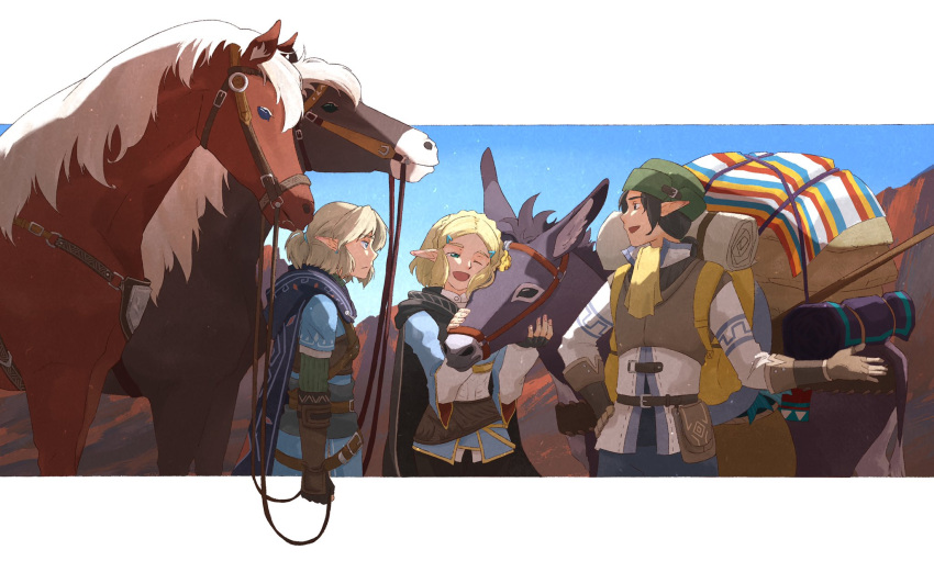 1girl 2boys animal ascot backpack bag beckoning belt belt_pouch black_gloves black_hair black_pants blonde_hair blue_cape blue_eyes blue_jacket blue_sky blue_tunic bob_cut braid bridle brown_gloves cape champion's_tunic_(zelda) character_request cliff commentary cropped_jacket crown_braid donkey earrings english_commentary fingerless_gloves frown gloves green_headwear grey_cape grey_hair hair_ornament hairclip half_updo hand_on_own_hip hands_up hat highres hood hood_down hooded_cape horse jacket jewelry juliet_sleeves layered_sleeves letterboxed link long_sleeves looking_at_another multiple_belts multiple_boys nature nuzzle one_eye_closed outdoors outside_border outstretched_hand pants parted_bangs pointy_ears ponytail pouch princess_zelda print_cape profile puffy_sleeves reins shirt short_hair sidelocks sky the_legend_of_zelda the_legend_of_zelda:_breath_of_the_wild white_shirt yangyaozigo yellow_ascot