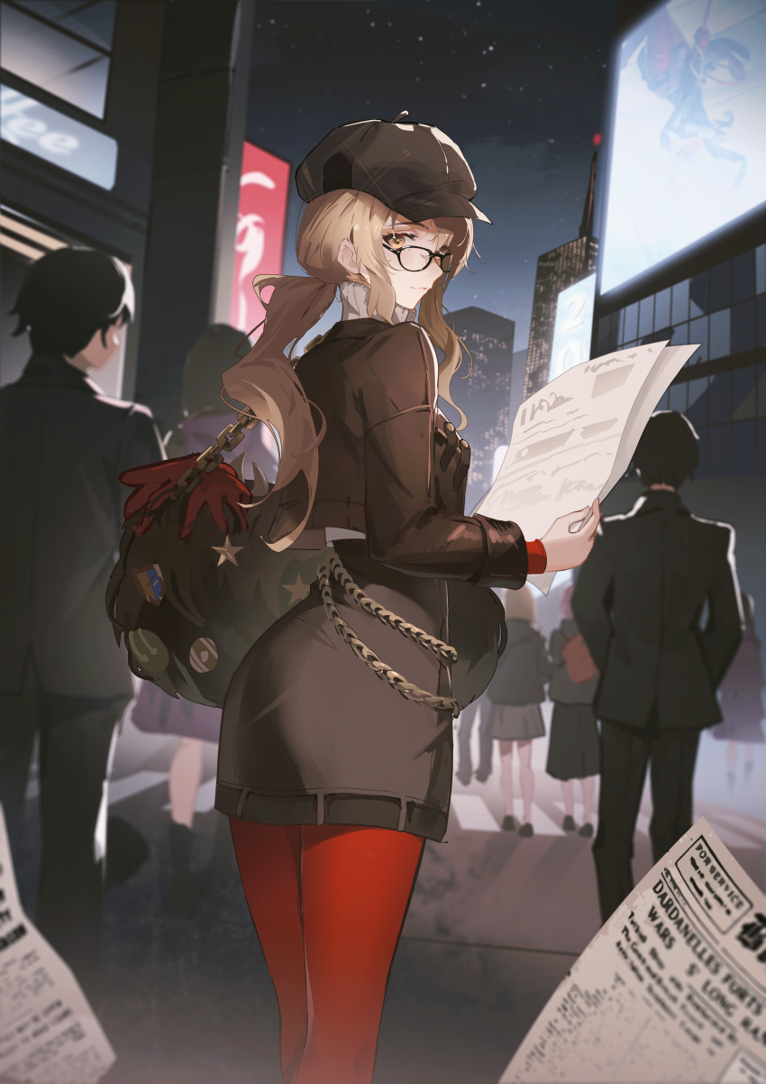 1girl absurdres blonde_hair crowd glasses highres holding holding_newspaper looking_back mature_female melania_(reverse:1999) ms._acey newspaper reverse:1999 solo_focus szh---