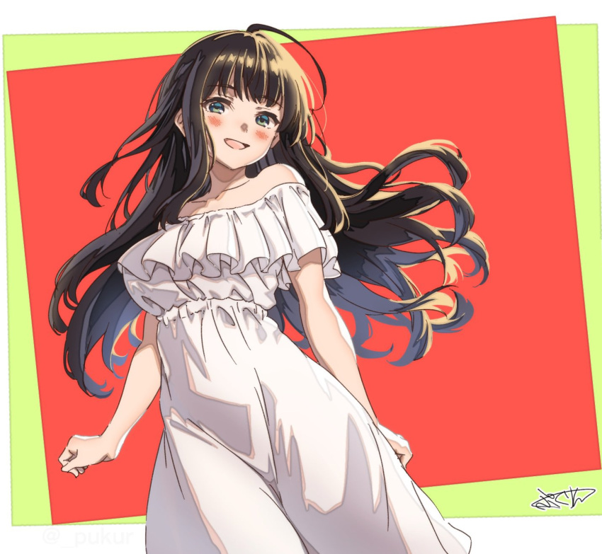 1girl ahoge bare_shoulders blue_eyes blush brown_hair cowboy_shot dress floating_hair frilled_dress frills highres long_hair looking_at_viewer medium_hair off-shoulder_dress off_shoulder open_mouth original outside_border pukur red_background short_sleeves signature smile solo standing twitter_username white_dress