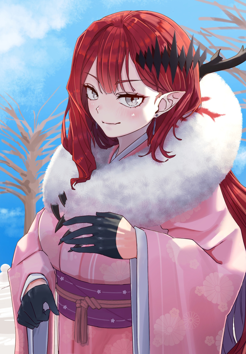 1girl baobhan_sith_(fate) blue_sky blush cernunnos_(fate) closed_mouth day earrings fate/grand_order fate_(series) gloves grey_eyes hair_ornament half_gloves highres japanese_clothes jewelry kimono long_hair looking_at_viewer neck_pillow niwaikanai obi outdoors pink_kimono pointy_ears redhead sash sidelocks single_sidelock sky smile solo tree upper_body wide_sleeves