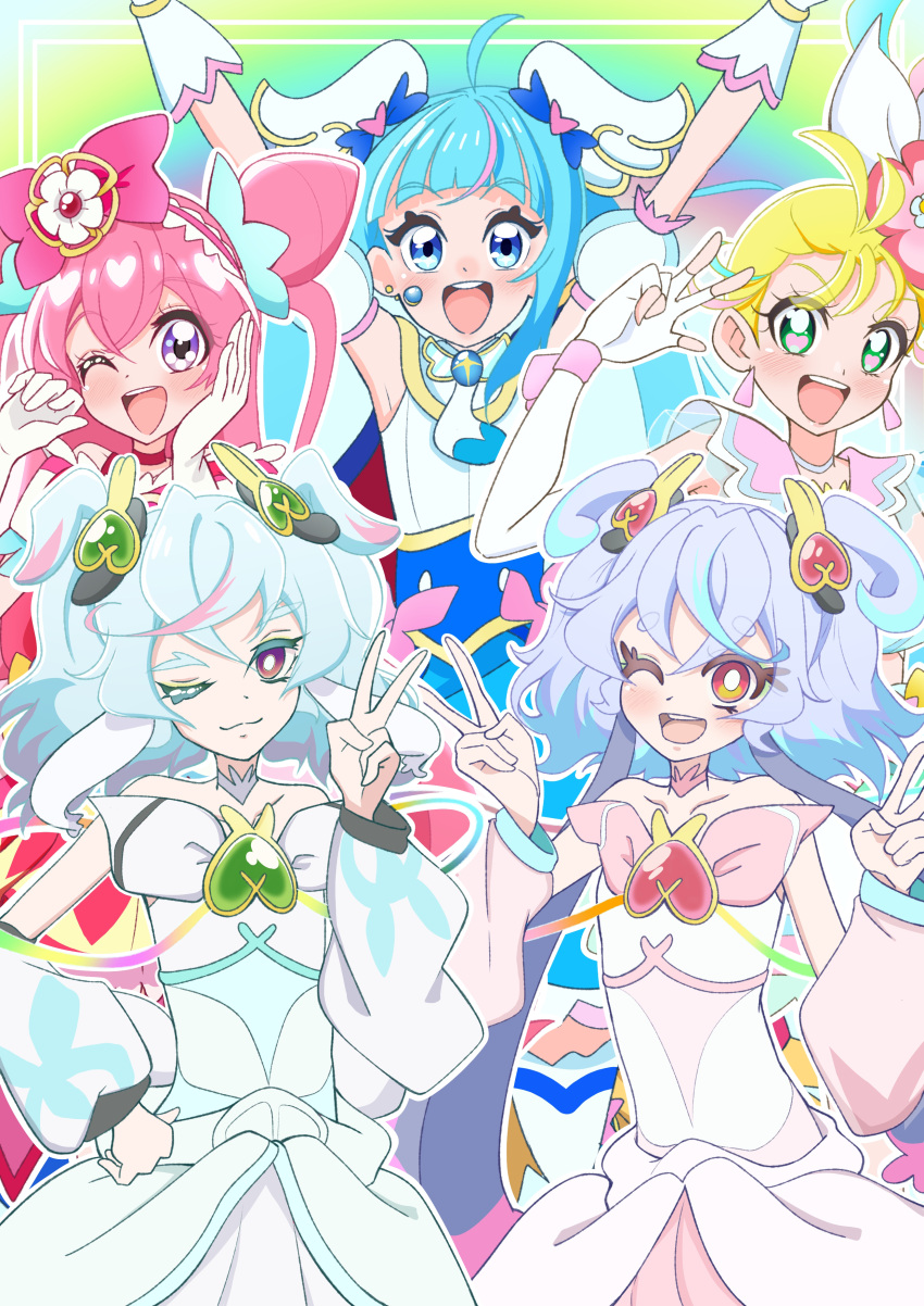 5girls :d ;) ;d absurdres akizora_(aki_precure) animal_ears arms_up blonde_hair blue_dress blue_eyes blue_hair bow bright_pupils brooch brown_eyes choker commentary cone_hair_bun cure_precious cure_puca cure_sky cure_summer cure_supreme cut_bangs delicious_party_precure detached_sleeves double_bun double_v dress earrings elbow_gloves fingerless_gloves flower gloves grey_eyes hair_bow hair_bun hair_flower hair_ornament hair_pulled_back hair_ribbon hairband hand_on_own_face hand_on_own_hip heart heart_brooch hibiscus highres hirogaru_sky!_precure in-franchise_crossover jewelry long_hair looking_at_viewer magical_girl multicolored_hair multiple_girls nagomi_yui natsuumi_manatsu one_eye_closed open_mouth pink_bow pink_choker pink_hair pink_hairband pink_sailor_collar precure precure_all_stars precure_all_stars_f preme_(precure) puca_(precure) puffy_detached_sleeves puffy_sleeves purple_hair ribbon sailor_collar single_earring sleeveless sleeveless_dress smile sora_harewataru standing strapless strapless_dress streaked_hair tropical-rouge!_precure twintails two-tone_hair two_side_up v violet_eyes w white_choker white_dress white_gloves white_hair white_pupils white_ribbon wing_brooch wing_hair_ornament