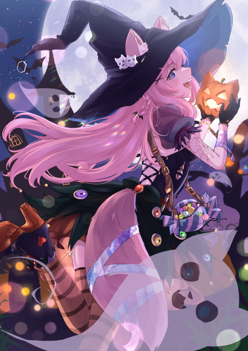 1girl 4kimizuki absurdres animal_ears ankle_boots arm_tattoo bag bandaged_arm bandages black_bustier black_gloves black_headwear black_skirt boots breasts commentary_request cross-laced_clothes detached_sleeves food-themed_bag frilled_shirt frills full_body full_moon ghost gloves hakui_koyori halloween handbag hat high_heel_boots high_heels highres hololive jack-o'-lantern kokoro_(hakui_koyori) layered_skirt long_hair medium_breasts moon orange_skirt orange_thighhighs pink_hair puffy_detached_sleeves puffy_short_sleeves puffy_sleeves shirt short_sleeves sideways_glance skindentation skirt spider_web_tattoo striped_clothes striped_thighhighs tail tattoo thigh-highs violet_eyes virtual_youtuber witch witch_hat wolf_ears wolf_girl wolf_tail