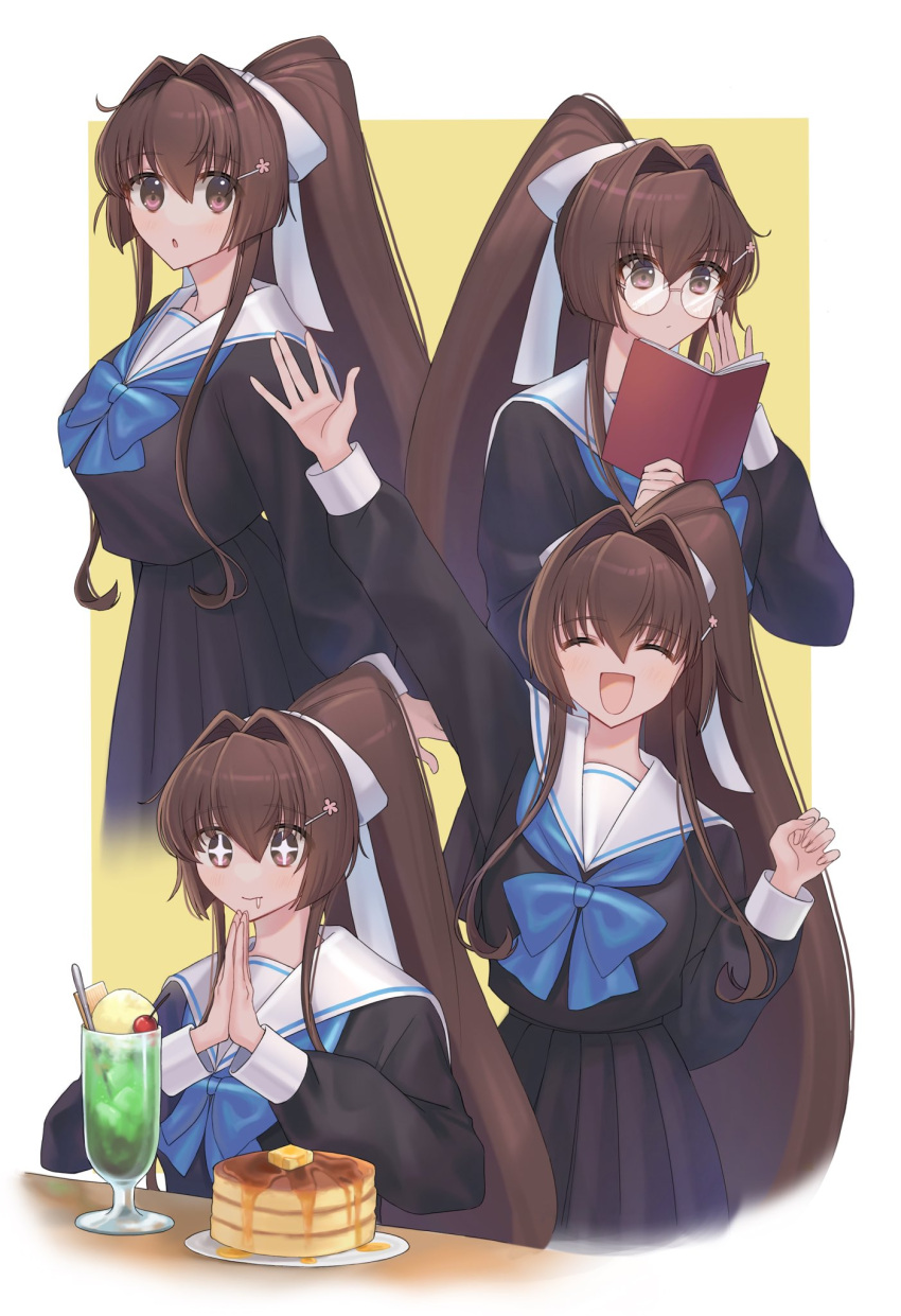 1girl alternate_costume ayuko91 bespectacled black_skirt blush book bow breasts brown_eyes brown_hair closed_eyes cup food glasses hair_between_eyes hair_bow highres holding holding_book kantai_collection long_hair long_sleeves open_mouth own_hands_together pancake parted_lips pleated_skirt ponytail sailor_collar saliva school_uniform serafuku simple_background skirt two-tone_background very_long_hair white_bow white_sailor_collar yamato_(kancolle)