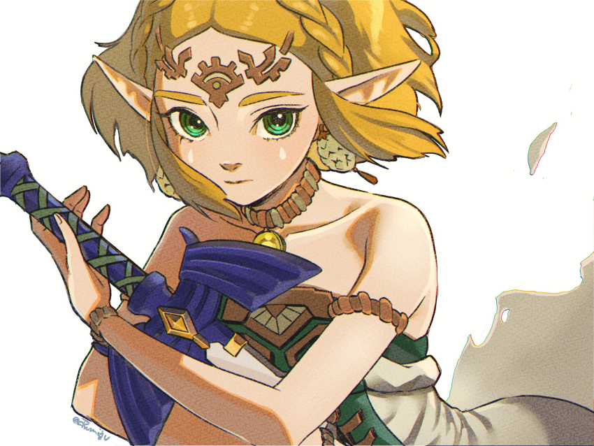 1girl armlet bare_shoulders blonde_hair bracelet braid collarbone commentary_request crown_braid dress earrings facial_mark falling_petals gold_trim green_eyes highres holding holding_sword holding_weapon jewelry looking_at_viewer master_sword mimimimiguchan parted_bangs pendant_choker petals pointy_ears princess_zelda short_hair sidelocks solo strapless strapless_dress sword the_legend_of_zelda the_legend_of_zelda:_tears_of_the_kingdom thick_eyebrows tiara upper_body weapon white_background white_dress