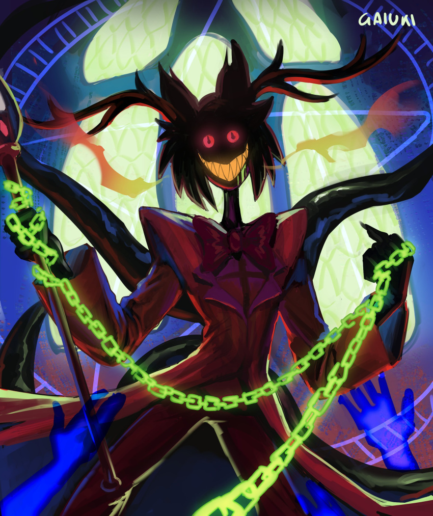 1boy absurdres alastor_(hazbin_hotel) animal_ears antlers artist_name bow bowtie chain coat commentary deer_antlers deer_boy deer_ears demon_boy english_commentary evil_grin evil_smile eyes_in_shadow gaiuki glowing glowing_chain glowing_eyes glowing_teeth grin hazbin_hotel head_tilt highres holding holding_chain holding_staff horns looking_at_viewer male_focus pants red_bow red_bowtie red_coat red_eyes red_pants sharp_teeth short_hair smile solo staff standing teeth traditional_bowtie yellow_teeth