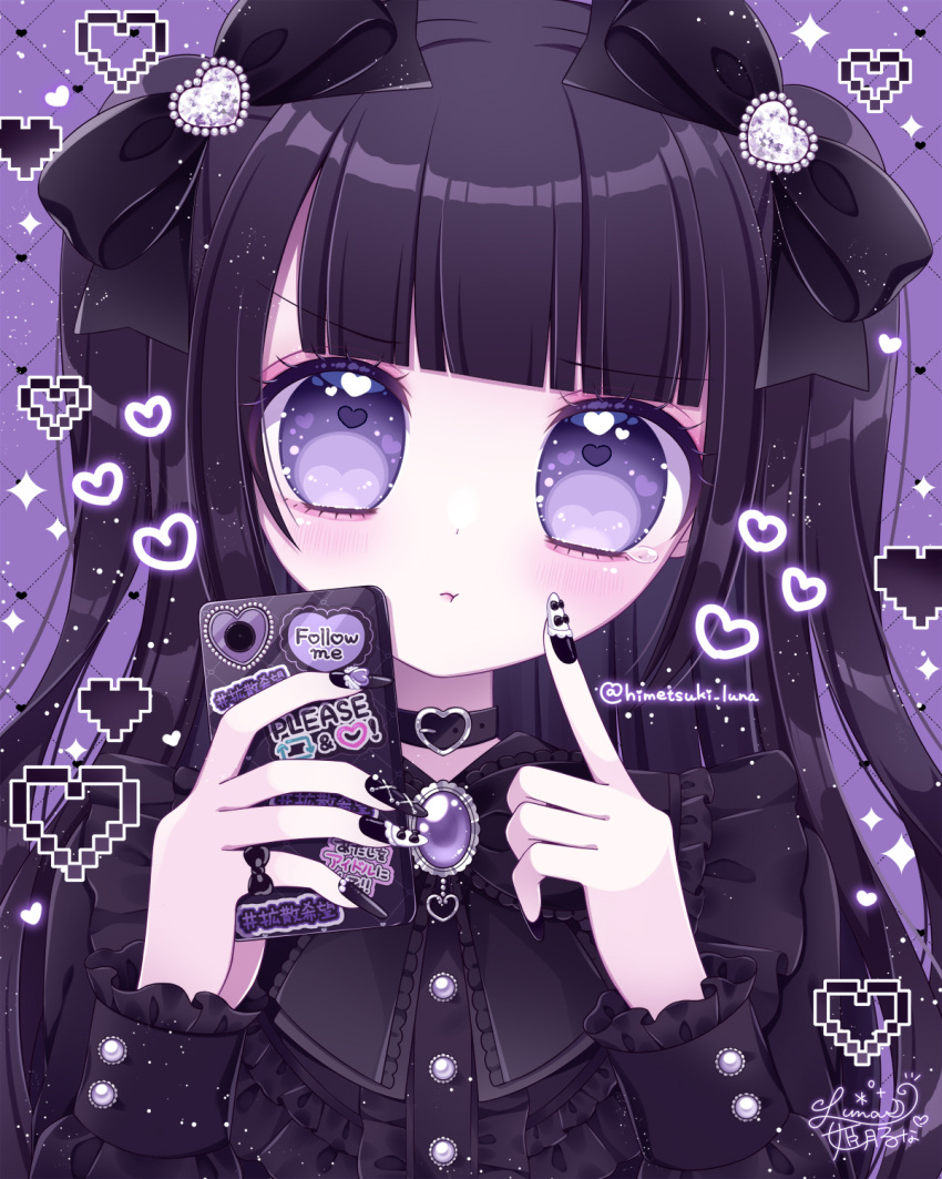 1girl :t black_bow black_choker black_dress black_hair blush bow cellphone choker closed_mouth commentary_request dress frilled_dress frills hair_bow hair_ornament hands_up heart heart_hair_ornament heart_in_eye highres himetsuki_luna holding holding_phone long_hair long_sleeves looking_at_viewer nail_art nail_polish original phone pixelated puffy_long_sleeves puffy_sleeves purple_background simple_background solo symbol_in_eye two_side_up upper_body violet_eyes