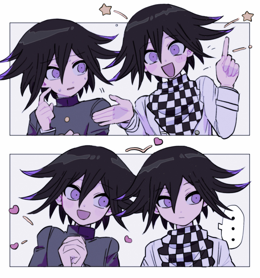 ... 2boys black_hair checkered_clothes checkered_scarf danganronpa_(series) danganronpa_v3:_killing_harmony finger_to_cheek hair_between_eyes heart highres looking_at_another looking_at_viewer looking_to_the_side male_focus multicolored_hair multiple_boys multiple_persona oma_kokichi open_mouth own_hands_together pointing pointing_up purple_hair scarf school_uniform short_hair speech_bubble spoken_ellipsis star_(symbol) straitjacket sweat two-tone_hair upper_body violet_eyes white_background wide-eyed ynyntai