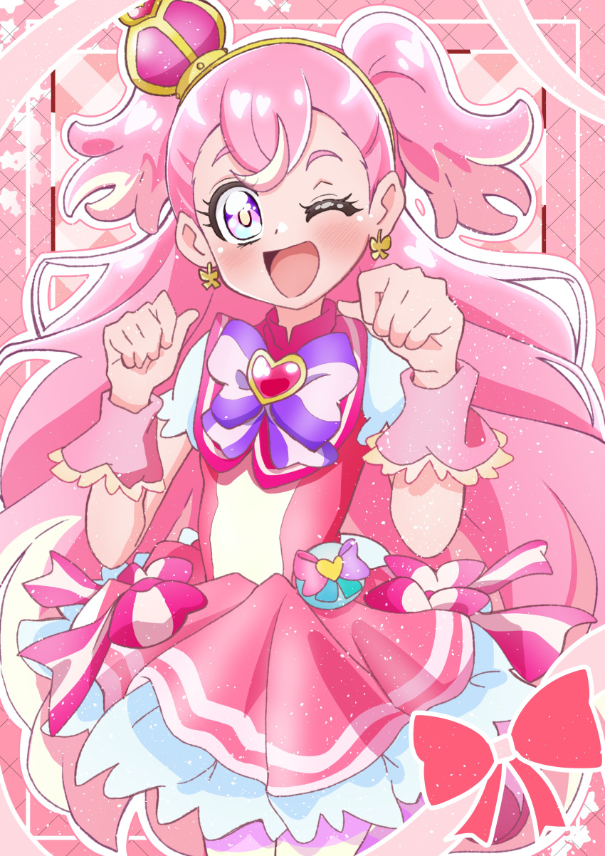 1girl ;d absurdres akizora_(aki_precure) bow bowtie brooch cowboy_shot crown cure_wonderful dress dress_bow earrings frilled_dress frills hairband heart heart_brooch highres inukai_komugi jewelry looking_at_viewer magical_girl mini_crown one_eye_closed open_mouth paw_pose pink_dress pink_headwear pouch precure short_dress short_sleeves smile solo standing tilted_headwear two_side_up wonderful_precure! wrist_cuffs yellow_hairband
