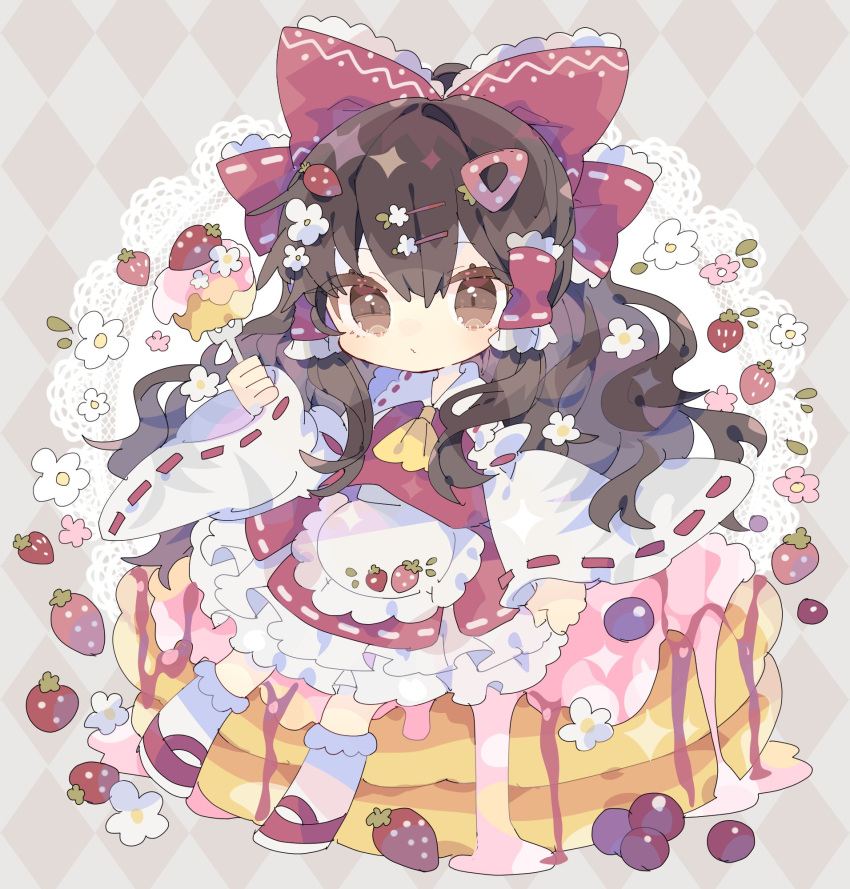 1girl apron argyle argyle_background bare_shoulders bow brown_eyes brown_hair cake closed_mouth detached_sleeves doily flower food fork frilled_apron frilled_skirt frills fruit full_body hair_bow hair_ornament hair_tubes hairclip hakurei_reimu halo highres holding holding_fork japanese_clothes long_hair looking_at_viewer nikorashi-ka nontraditional_miko red_bow red_footwear red_skirt ribbon-trimmed_sleeves ribbon_trim shoes sidelocks skirt socks solo strawberry touhou waist_apron white_apron white_flower white_sleeves white_socks wide_sleeves yellow_halo