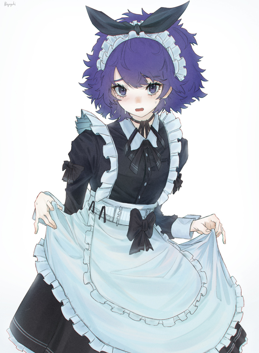1girl absurdres apron apron_hold artist_name black_bow black_choker black_eyes black_ribbon blush bow breasts buttons choker collared_dress commentary cowboy_shot dress frilled_apron frills hair_ribbon highres long_sleeves looking_at_viewer maid maid_apron maid_headdress messy_hair nayoyoki neck_ribbon open_mouth original purple_hair ribbon ribbon_choker short_hair signature simple_background sleeve_cuffs small_breasts solo standing sweat violet_eyes waist_apron white_apron white_background