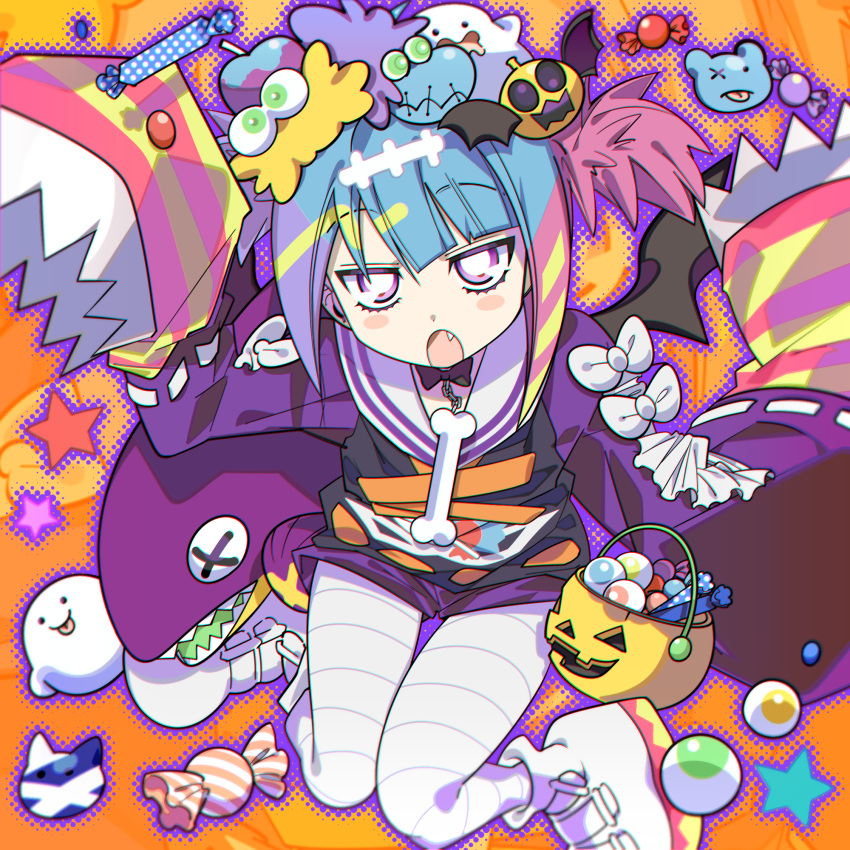 1girl blue_hair blush_stickers bow candy cartoon_bone duel_monster fang food from_above halloween halloween_bucket highres jack-o'-lantern lil-la_(yu-gi-oh!) live_twin_lil-la_treat looking_at_viewer misaka_(missa) multicolored_hair open_mouth pink_hair purple_hair shoes short_twintails sleeves_past_fingers sleeves_past_wrists solo twintails violet_eyes yu-gi-oh!