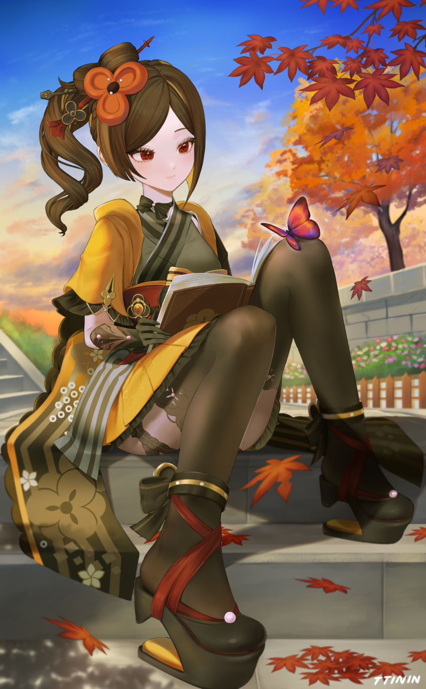 1girl absurdres black_footwear black_pantyhose blue_sky book brown_eyes brown_hair bug butterfly chiori_(genshin_impact) clouds commentary_request day genshin_impact grey_kimono hair_ornament hair_stick highres holding holding_book japanese_clothes kimono knees_up kotneo miniskirt outdoors pantyhose ponytail shoes short_sleeves sitting skirt sky solo yellow_skirt