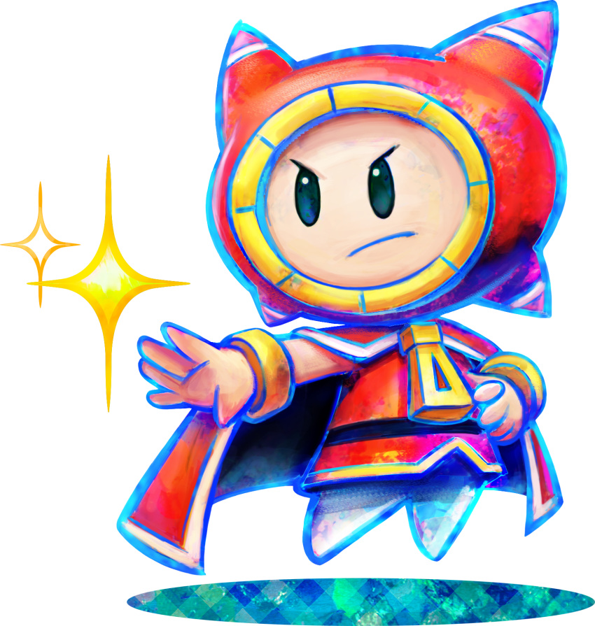 1boy artist_request black_eyes blue_outline cape closed_mouth frown full_body gold_bracelet hand_on_own_hip highres looking_ahead male_focus mario_&amp;_luigi:_dream_team mario_&amp;_luigi_rpg midair official_art outline outstretched_arm pants pillow prince_dreambert red_cape red_hood red_tunic solid_oval_eyes solo sparkle super_mario_bros. tile_floor tiles transparent_background v-shaped_eyebrows white_pants zipper_pull_tab