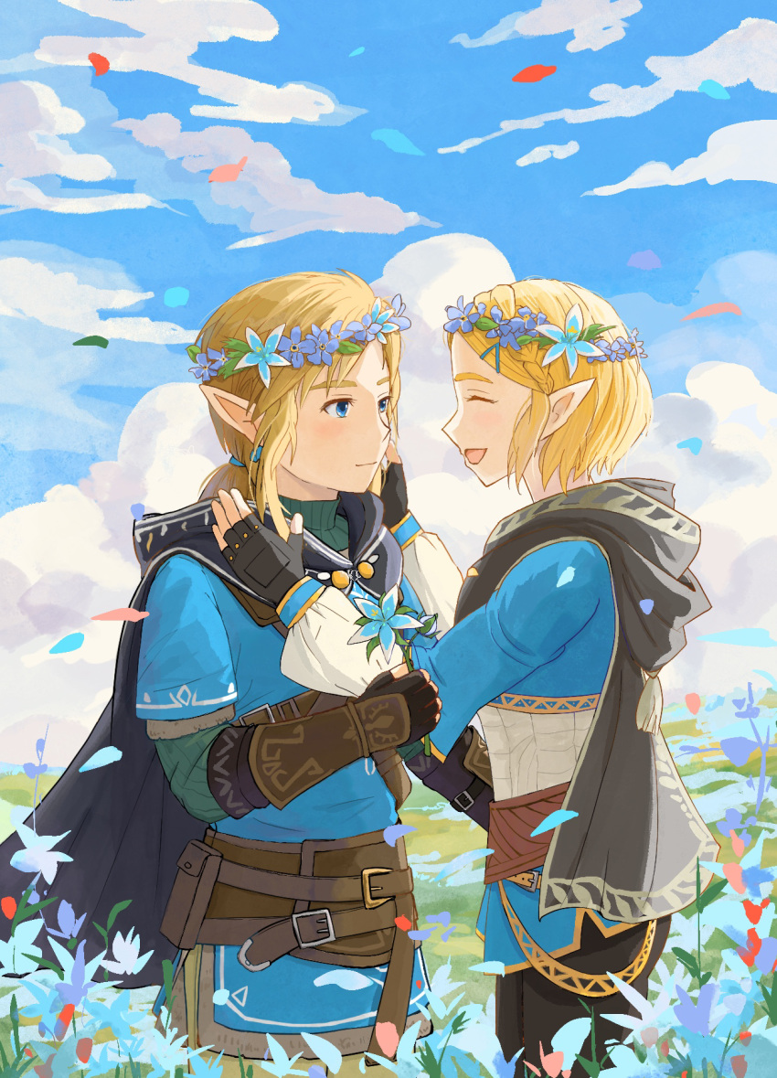blonde_hair blue_eyes blue_sky blue_tunic braid champion's_tunic_(zelda) closed_eyes closed_mouth clouds cloudy_sky crown_braid fingerless_gloves flower_wreath gloves head_wreath highres hood light_brown_hair link maway meadow open_mouth pointy_ears princess_zelda short_hair sidelocks silent_princess sky smile standing the_legend_of_zelda the_legend_of_zelda:_tears_of_the_kingdom vambraces