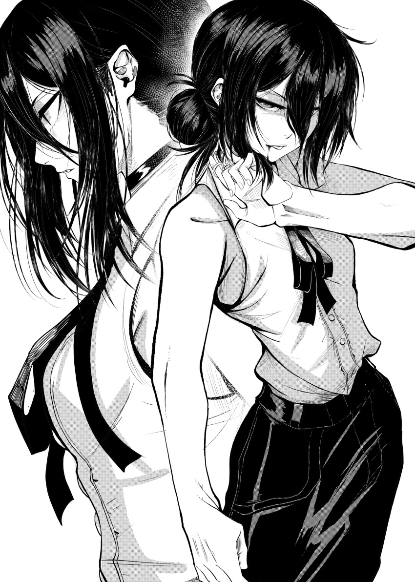 1girl absurdres bare_shoulders black_choker black_hair black_pants blood blood_from_mouth breasts buttons chainsaw_man choker cowboy_shot greyscale hair_between_eyes hair_bun half-closed_eyes highres jesse_schickler looking_at_viewer medium_breasts messy_hair monochrome multiple_views neck_ribbon pants parted_lips profile reze_(chainsaw_man) ribbon shirt sleeveless sleeveless_shirt solo upper_body white_background white_shirt wiping_mouth