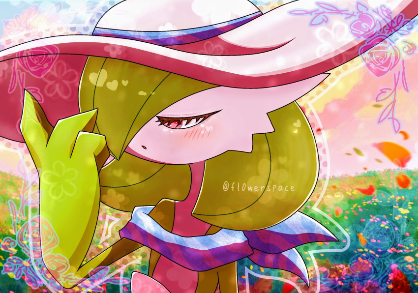 1girl adjusting_clothes adjusting_headwear arm_at_side artist_name blush bob_cut border choice_scarf clothed_pokemon colored_skin commentary_request flat_chest floral_border gardevoir grass green_hair green_skin hair_over_one_eye half-closed_eyes hand_up hat highres multicolored_skin one_eye_covered open_mouth ornate_border outdoors outline petals pink_headwear pokemon pokemon_(creature) red_eyes short_hair signature solo standing sun_hat sunset twitter_username two-tone_skin upper_body white_outline white_skin yuri_(fl0werspace)