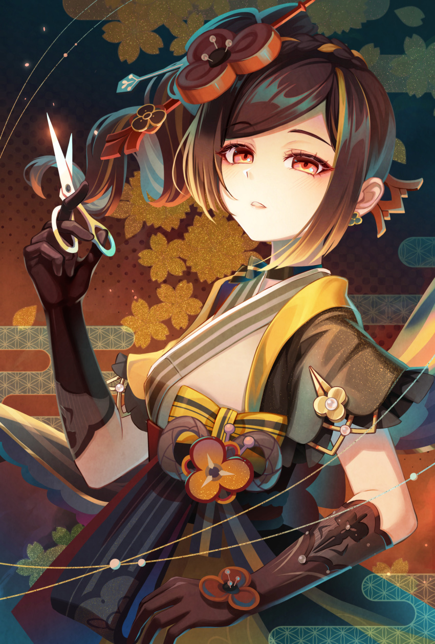 1girl bare_shoulders black_gloves brown_hair chiori_(genshin_impact) genshin_impact gloves gradient_hair grey_kimono hair_ornament highres holding holding_scissors japanese_clothes karen_(navy_42) kimono long_hair looking_at_viewer multicolored_hair open_mouth parted_lips red_eyes sash scissors sidelocks solo streaked_hair two-tone_hair upper_body