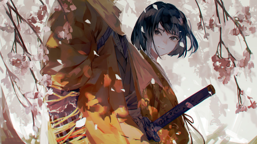 2boys androgynous black_eyes black_hair bob_cut branch cherry_blossoms closed_mouth commentary falling_petals grey_background head_out_of_frame highres japanese_clothes katana kimono kuro_the_divine_heir looking_at_viewer looking_to_the_side male_focus multiple_boys painterly petals red_ribbon ribbon sekiro sekiro:_shadows_die_twice sheath sheathed short_hair standing sword symbol-only_commentary syokuuuuuuuuumura upper_body weapon yellow_kimono