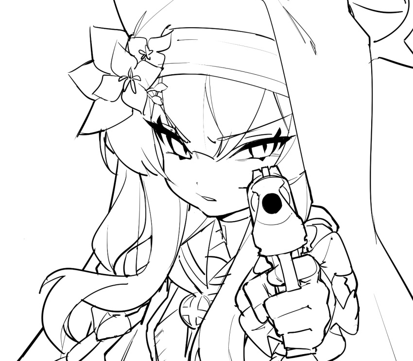 1girl angry animal_ear_headwear blue_archive coif flower frilled_sleeves frills greyscale gun habit halo handgun hat hat_flower highres holding holding_gun holding_weapon honi_(honi1010) long_hair long_sleeves looking_at_viewer mari_(blue_archive) monochrome neckerchief nun open_mouth sailor_collar simple_background solo upper_body weapon white_background