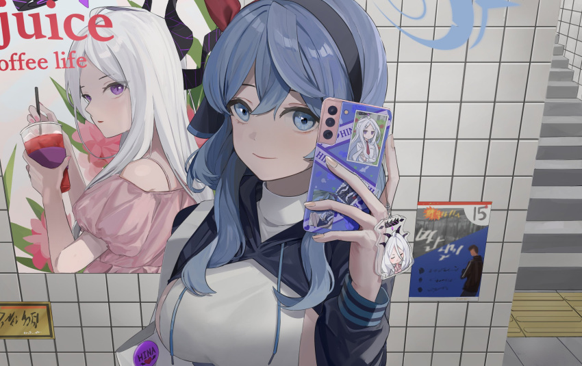 1girl ako_(blue_archive) alternate_costume badge bag black_hairband blue_archive blue_eyes blue_hair breasts button_badge cellphone cellphone_charm charm_(object) cjsdh1000 closed_mouth cup hair_between_eyes hairband halo highres hina_(blue_archive) holding holding_phone hood hood_down horns long_sleeves phone poster_(object) smartphone solo stairs upper_body violet_eyes white_hair