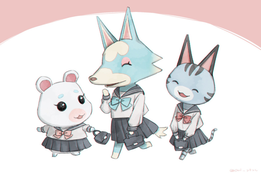 3girls :3 ^_^ animal_crossing aqua_bow aqua_bowtie artist_name bag black_bag black_sailor_collar black_skirt bow bowtie briefcase cat_girl closed_eyes commentary_request flurry_(animal_crossing) fox_girl furry furry_female hamster_girl hand_up highres holding holding_bag kaji_(oni_atat) laughing lolly_(animal_crossing) long_sleeves looking_at_another looking_back multiple_girls open_mouth pink_background pink_bow pink_bowtie pleated_skirt red_bow red_bowtie sailor_collar school_briefcase school_uniform serafuku shirt simple_background skirt skye_(animal_crossing) sleeve_cuffs smile twitter_username two-tone_background walking white_background white_shirt