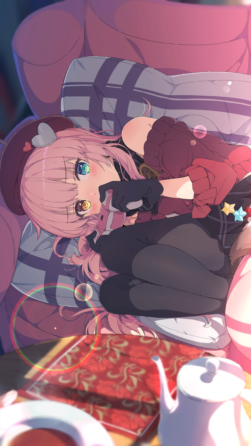 1girl bare_shoulders beret black_gloves black_pantyhose black_scarf black_skirt blue_eyes blush coffee_cup coffee_pot controller couch cup cushion disposable_cup eksistere_kyrenia feet_out_of_frame game_controller girl_cafe_gun gloves hat heterochromia highres holding holding_controller holding_game_controller knees_up lens_flare long_hair looking_at_viewer lying miniskirt off-shoulder_sweater off_shoulder official_art on_couch on_side pantyhose pink_hair red_headwear red_sweater round_table saucer scarf skirt solo sunlight sweater table yellow_eyes
