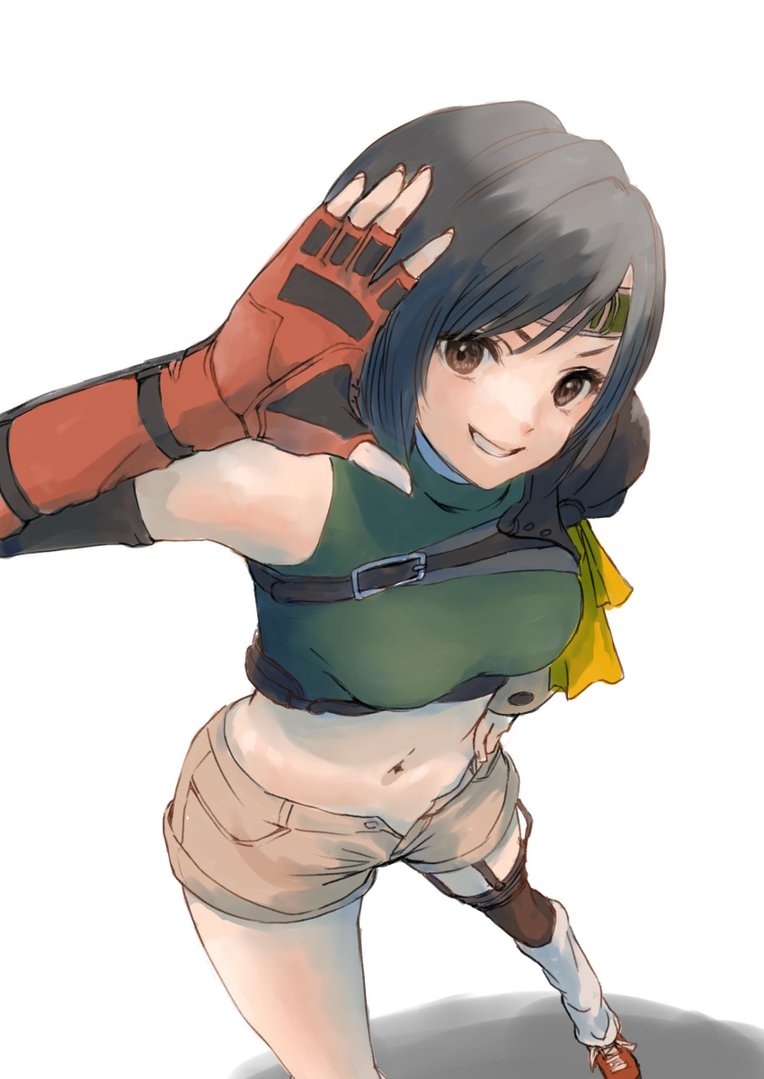 1girl armor asymmetrical_legwear black_hair breasts brown_eyes crop_top final_fantasy final_fantasy_vii fingerless_gloves foot_out_of_frame from_above gloves green_shirt grey_shorts grin hand_on_own_hip headband highres looking_at_viewer loose_socks medium_breasts midriff navel orange_gloves pulupulupoodle ribbon shirt shoes short_hair short_shorts shorts shoulder_armor single_bare_shoulder single_shoulder_pad sleeveless sleeveless_turtleneck smile sneakers socks solo teeth turtleneck v-shaped_eyebrows waving white_background yellow_ribbon yuffie_kisaragi
