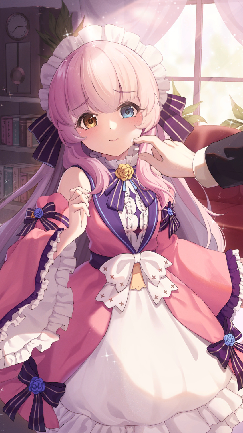 1girl bare_shoulders blue_eyes bookshelf bow bowtie center_frills clock curtains detached_sleeves dress dress_bow eksistere_kyrenia frilled_hairband frilled_sleeves frills furrowed_brow girl_cafe_gun hair_bow hairband hand_on_another's_face hand_up heterochromia highres indoors long_dress long_hair looking_at_viewer official_art pink_dress pink_hair pink_sleeves pov pov_hands purple_bow purple_bowtie sleeveless sleeveless_dress smile solo upper_body wall_clock white_bow wide_sleeves window yellow_eyes