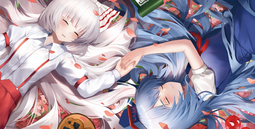 2girls absurdres blue_dress blue_hair blue_headwear blush bow closed_eyes closed_mouth collared_shirt commentary_request dobostorte dress fujiwara_no_mokou hair_bow highres holding_hands kamishirasawa_keine long_hair long_sleeves lying multiple_girls neckerchief on_back on_side parted_lips puffy_short_sleeves puffy_sleeves red_neckerchief shirt short_sleeves sleeping sleeve_garter smile suspenders touhou upper_body very_long_hair white_bow white_hair white_shirt