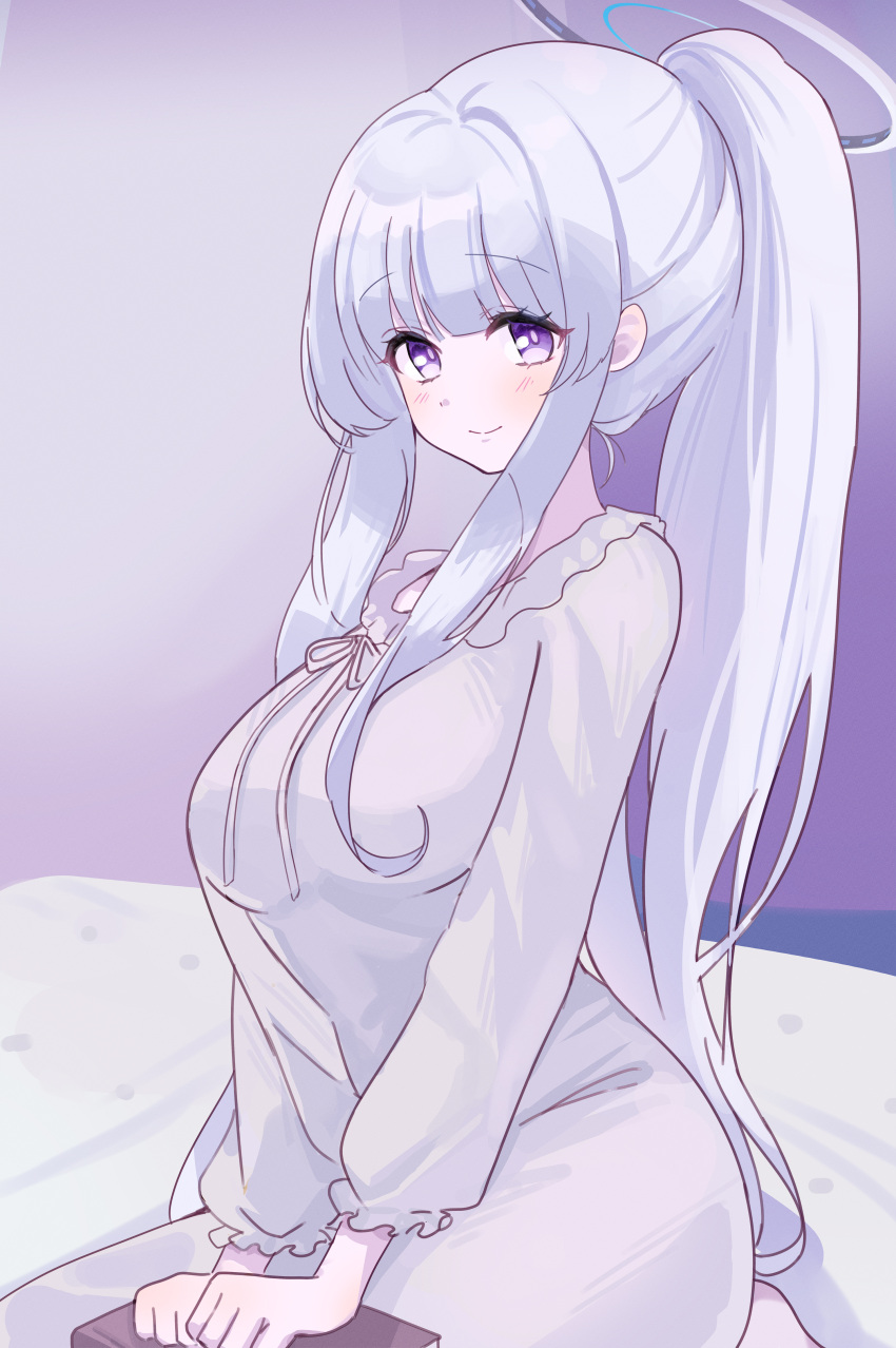 1girl absurdres ash_(cat7evy) blue_archive blush book breasts closed_mouth frilled_sleeves frills grey_hair hair_over_breasts halo highres large_breasts long_hair long_sleeves looking_at_viewer mechanical_halo noa_(blue_archive) pajamas ponytail sidelocks smile solo violet_eyes white_pajamas