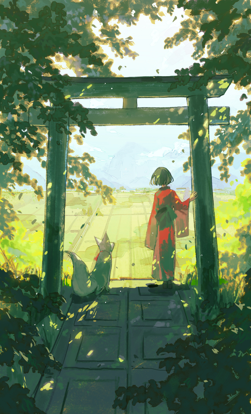 1girl absurdres blue_sky brown_hair collar cui_(jidanhaidaitang) dappled_sunlight day dog facing_away falling_leaves grass highres japanese_clothes kimono leaf long_sleeves mountainous_horizon original outdoors painterly path red_collar red_kimono rice_paddy short_hair sky solo standing sunlight torii tree white_dog wide_sleeves