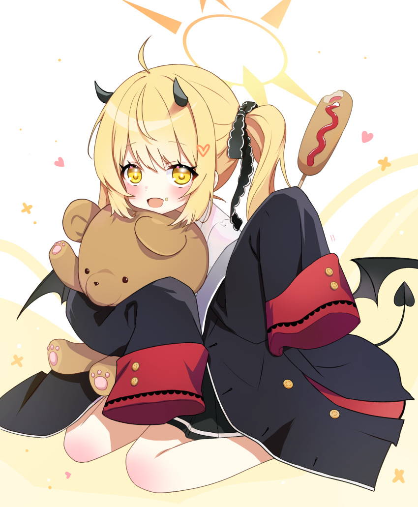 1girl absurdres ahoge black_coat black_horns black_skirt black_tail black_wings blonde_hair blue_archive blush coat demon_horns demon_tail demon_wings food food_on_face halo heart highres holding holding_food horns hot_dog hovaku ibuki_(blue_archive) long_hair looking_at_viewer open_mouth pleated_skirt shirt side_ponytail skirt sleeves_past_fingers sleeves_past_wrists smile solo stuffed_animal stuffed_toy tail teddy_bear white_shirt wings yellow_eyes yellow_halo