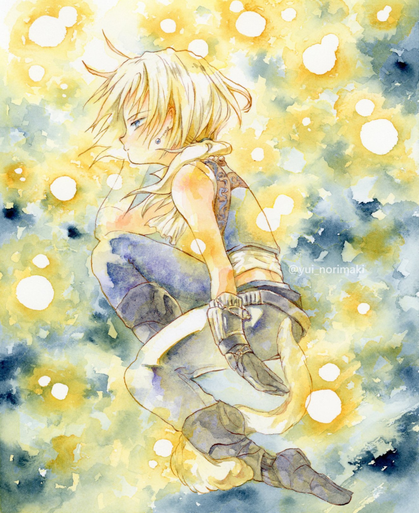 1boy ascot blonde_hair blue_eyes blue_pants blue_vest boots cropped_vest final_fantasy final_fantasy_ix full_body gloves grey_footwear grey_gloves hand_in_own_hair highres low_ponytail male_focus monkey_tail painting_(medium) pants shirt short_hair_with_long_locks sleeveless sleeveless_shirt solo tail traditional_media twitter_username vest watercolor_(medium) white_ascot white_shirt wrist_cuffs yui_norimaki zidane_tribal