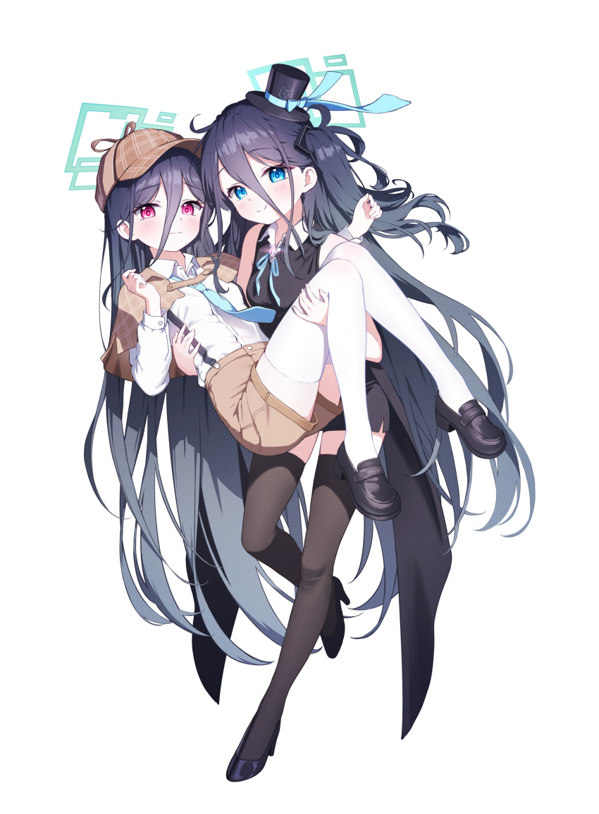 &lt;key&gt;_(blue_archive) 2girls absurdly_long_hair absurdres alternate_costume aris_(blue_archive) black_footwear black_hair black_headwear black_skirt black_thighhighs blue_archive blue_eyes blue_halo blush brown_capelet brown_headwear brown_shorts capelet closed_mouth collared_shirt detective full_body halo hat high_heels highres long_hair long_sleeves mini_hat mini_top_hat multiple_girls one_side_up red_eyes shirt shoes shorts simple_background skirt sleeveless smile supersugar thigh-highs top_hat very_long_hair white_background white_shirt white_thighhighs
