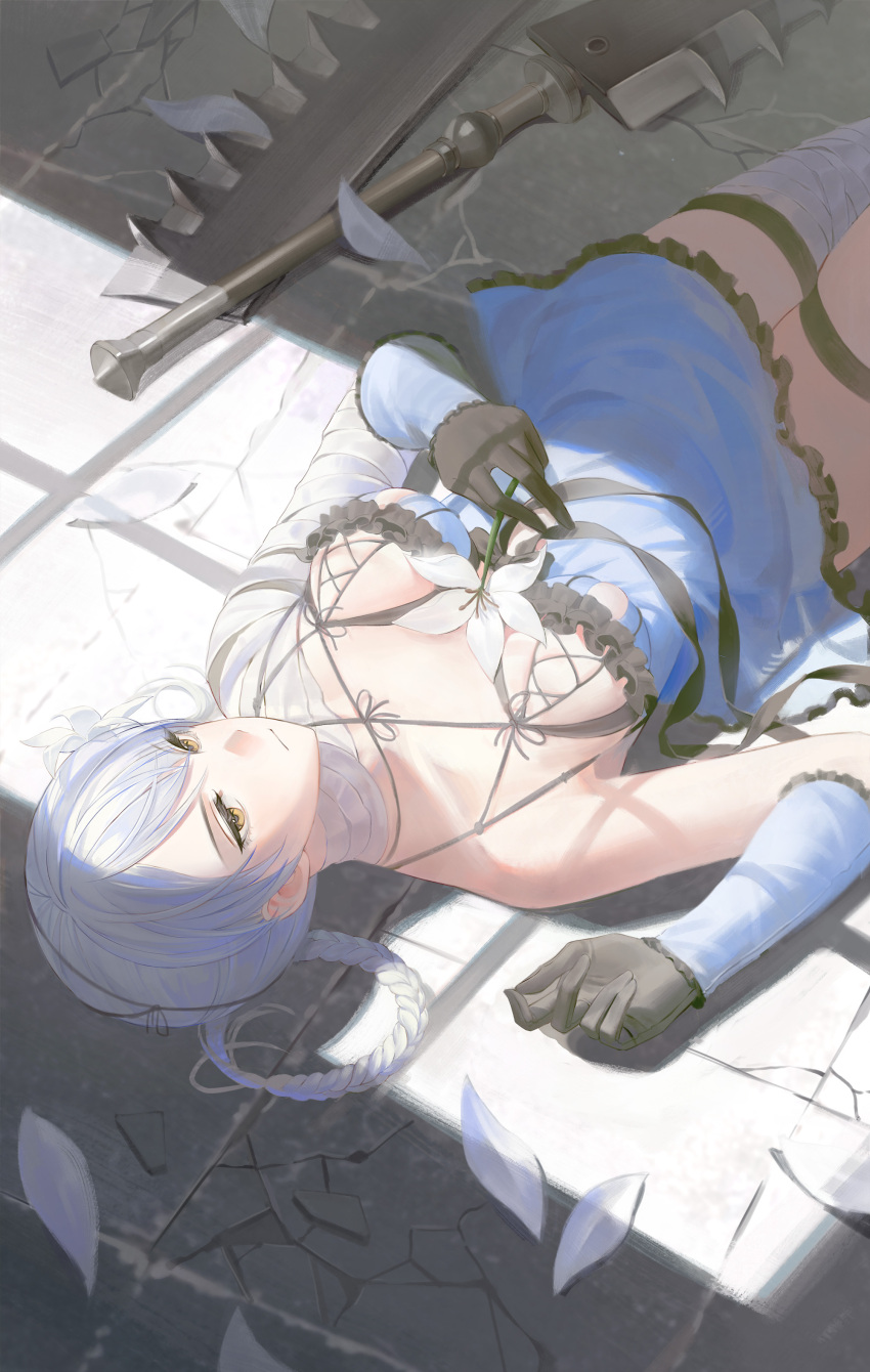 1girl absurdres aheure0329 bandaged_arm bandaged_neck bandages black_gloves blue_dress blue_negligee braid breasts brown_eyes closed_mouth cowboy_shot dress falling_petals flower gloves grey_hair hair_between_eyes hand_on_own_chest highres holding holding_flower kaine_(nier) lying medium_breasts nier nier_(series) on_back petals short_dress single_bare_shoulder skindentation solo sword thigh_strap tile_floor tiles weapon weapon_on_floor white_flower white_petals