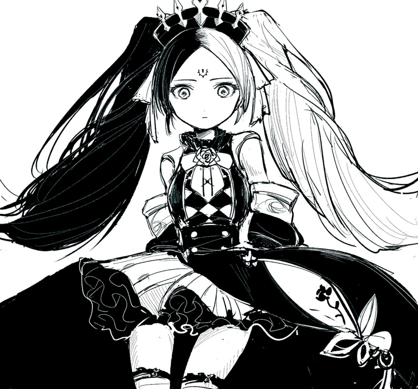 1girl breasts buttons chaos_dorloto_(grimms_notes) detached_sleeves doll_joints expressionless facial_mark flower forehead_mark grimms_notes hair_ribbon highres joints long_hair monochrome multicolored_hair namo_42222 ribbon rose simple_background skirt solo twintails white_background zettai_ryouiki