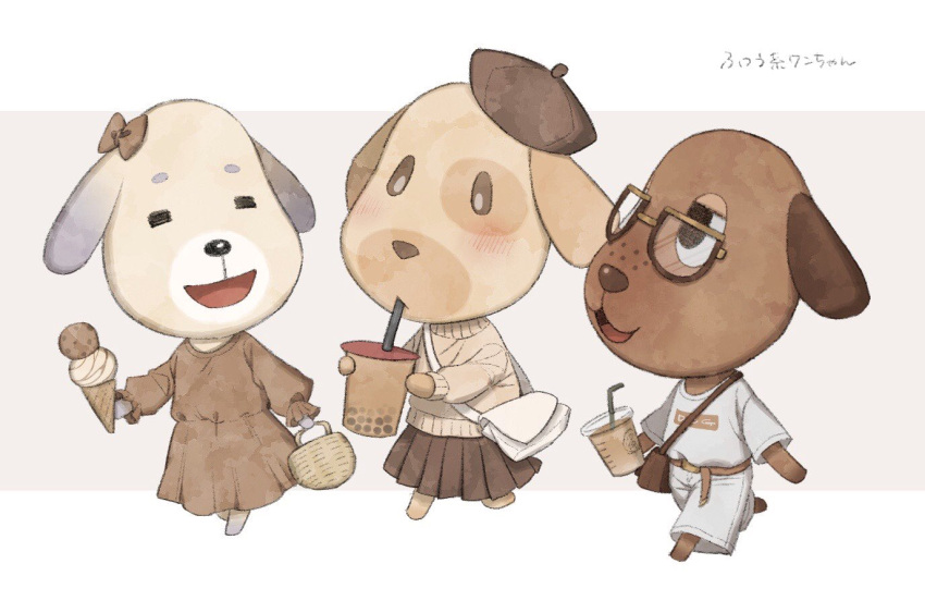 3girls :d animal_crossing bag basket bea_(animal_crossing) belt beret blush bow bright_pupils brown-framed_eyewear brown_bag brown_belt brown_bow brown_dress brown_eyes brown_headwear brown_skirt brown_sweater bubble_tea closed_eyes closed_mouth clothes_writing commentary_request cup daisy_(animal_crossing) disposable_cup dog_girl double_scoop dress drinking drinking_straw drinking_straw_in_mouth food freckles frilled_sleeves frills furry furry_female glasses goldie_(animal_crossing) grey_background hair_bow hand_up handbag hat holding holding_basket holding_cup holding_food holding_ice_cream ice_cream ice_cream_cone kaji_(oni_atat) long_sleeves looking_to_the_side multiple_girls open_mouth pants pleated_skirt shirt short_sleeves shoulder_bag simple_background skirt smile sweater tilted_headwear translation_request two-tone_background walking white_background white_bag white_pants white_pupils white_shirt