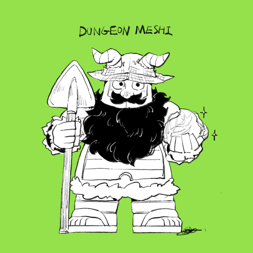 1boy beard cabbage deformed dungeon_meshi dwarf facial_hair fake_horns full_body gardener green_background greyscale_with_colored_background helmet highres horned_helmet horns idbze large_feet long_beard looking_at_viewer male_focus senshi_(dungeon_meshi) shovel solo sparkling_aura standing thick_mustache very_long_beard