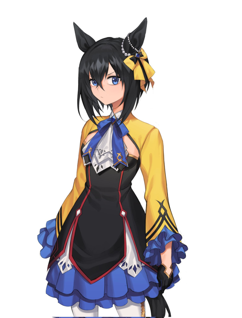 1girl animal_ears black_hair blue_eyes blue_ribbon bow commentary cowboy_shot dance_in_the_mood_(racehorse) dress ear_bow ear_ornament frilled_sleeves frills fukuro_(maruaru00) gem hair_between_eyes highres horse_ears layered_dress long_sleeves looking_at_viewer neck_ribbon original pearl_(gemstone) personification ribbon short_hair sideways_glance simple_background solo umamusume white_background yellow_bow