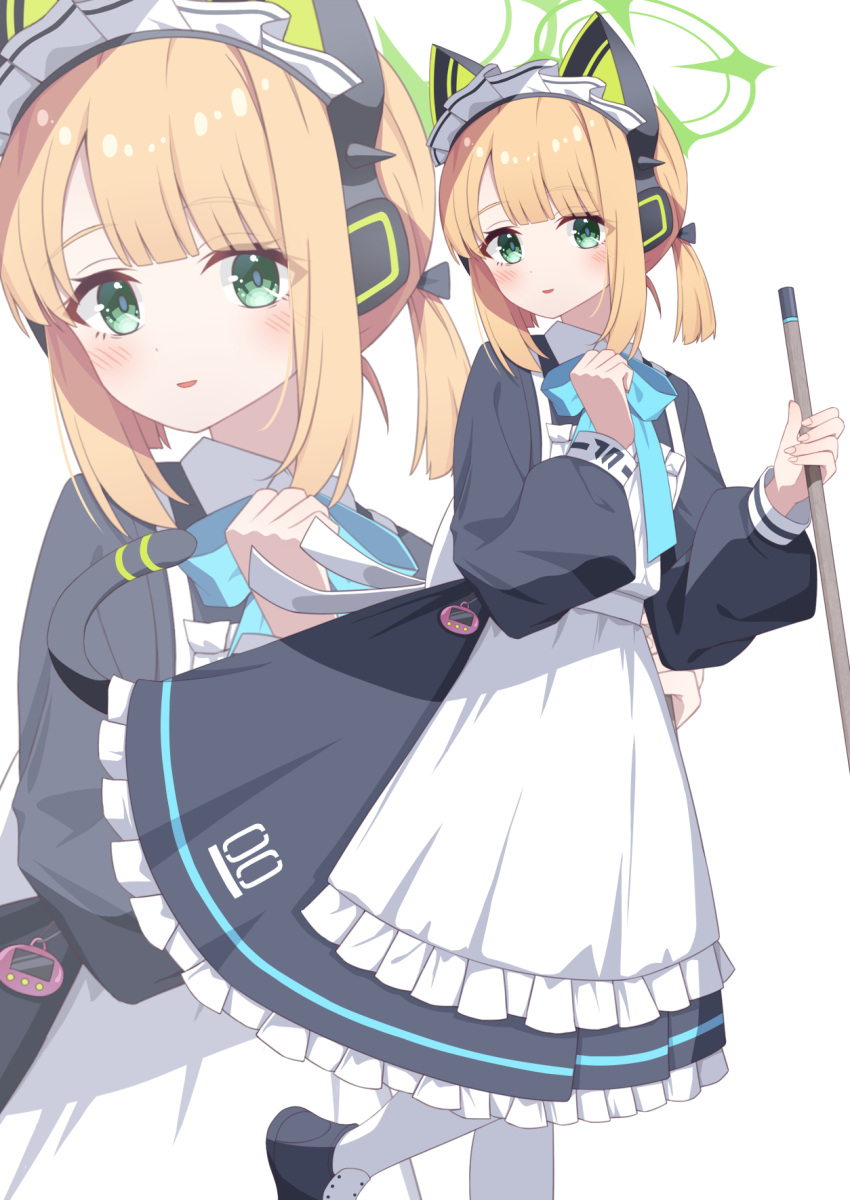 1girl animal_ear_headphones animal_ears apron black_dress black_footwear blonde_hair blue_archive blush divergenceok dress fake_animal_ears fingernails frilled_apron frilled_dress frills green_eyes green_halo halo headphones highres long_sleeves looking_at_viewer maid maid_headdress midori_(blue_archive) midori_(maid)_(blue_archive) official_alternate_costume open_mouth pantyhose puffy_long_sleeves puffy_sleeves shoes short_hair simple_background solo white_apron white_background white_pantyhose zoom_layer