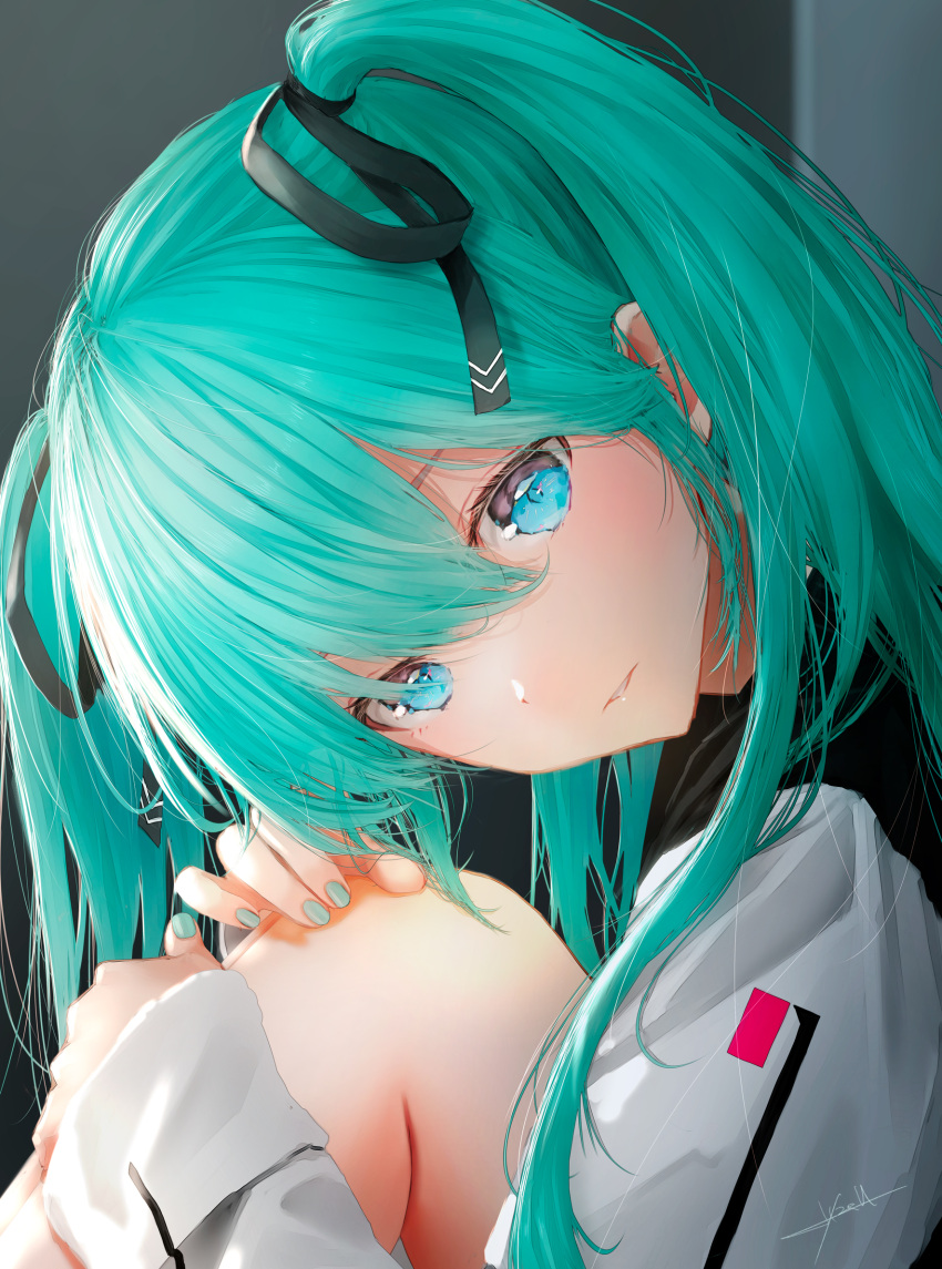 1girl aqua_hair aqua_nails black_ribbon blue_eyes blurry blurry_background commentary commentary_request hair_between_eyes hair_ribbon hand_on_own_knee hatsune_miku head_tilt highres hugging_own_legs long_hair looking_at_viewer ojay_tkym revision ribbon signature solo symbol-only_commentary twintails vocaloid