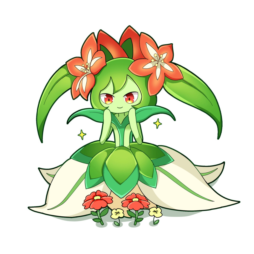 1girl flower full_body green_hair highres lyleen monster_girl oo_rin5 pal_(creature) palworld plant_girl plant_hair red_eyes red_flower simple_background solo sparkle twintails white_background yellow_flower