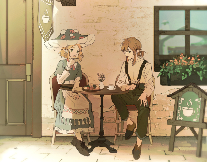 1boy 1girl absurdres animal_ears apron blonde_hair blue_dress braid brick_road cafe chair coffee collared_shirt crown_braid cup door dress flower full_body hair_between_eyes highres holding holding_cup link long_dress long_sleeves looking_at_another low_ponytail medium_hair mushroom_hat neck_ribbon open_mouth outdoors pants parted_bangs parted_lips pointy_ears princess_zelda ribbon shirt shirt_under_dress shoes short_hair sidelocks sitting smile suspenders table talking the_legend_of_zelda the_legend_of_zelda:_tears_of_the_kingdom vase waist_apron white_shirt window yuno_11_02