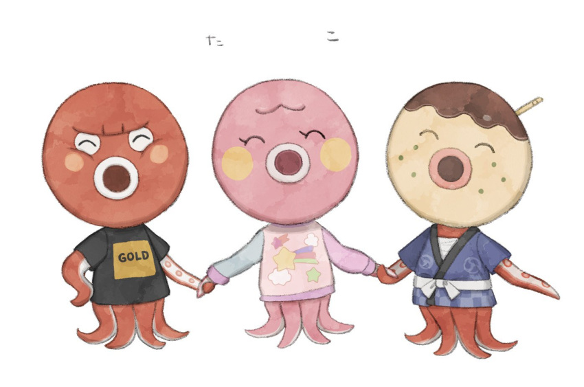 1girl 2boys :o ^_^ animal_crossing bandages black_shirt blush blush_stickers chest_sarashi closed_eyes clothes_writing commentary_request freckles furry furry_female furry_male holding_hands kaji_(oni_atat) long_sleeves marina_(animal_crossing) multiple_boys octavian_(animal_crossing) open_mouth pink_sweater print_shirt print_sweater sarashi shirt shooting_star_(symbol) short_sleeves simple_background star_(symbol) sweater t-shirt white_background zucker_(animal_crossing)