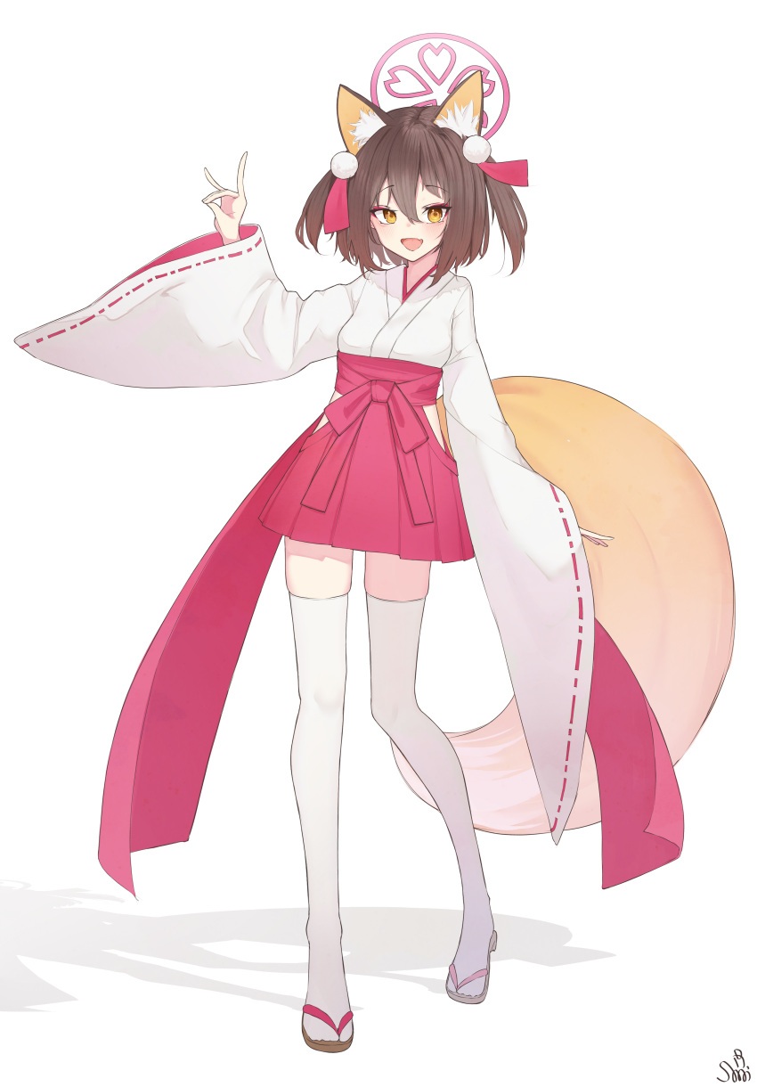 1girl absurdres animal_ears black_hair blue_archive blush commentary_request fox_ears fox_shadow_puppet fox_tail full_body hair_between_eyes hakama highres izuna_(blue_archive) japanese_clothes long_sleeves miko open_mouth red_hakama short_hair signature simple_background smile solo standing tachibana_shiori_(suica_112) tail thigh-highs two_side_up white_background white_thighhighs wide_sleeves yellow_eyes