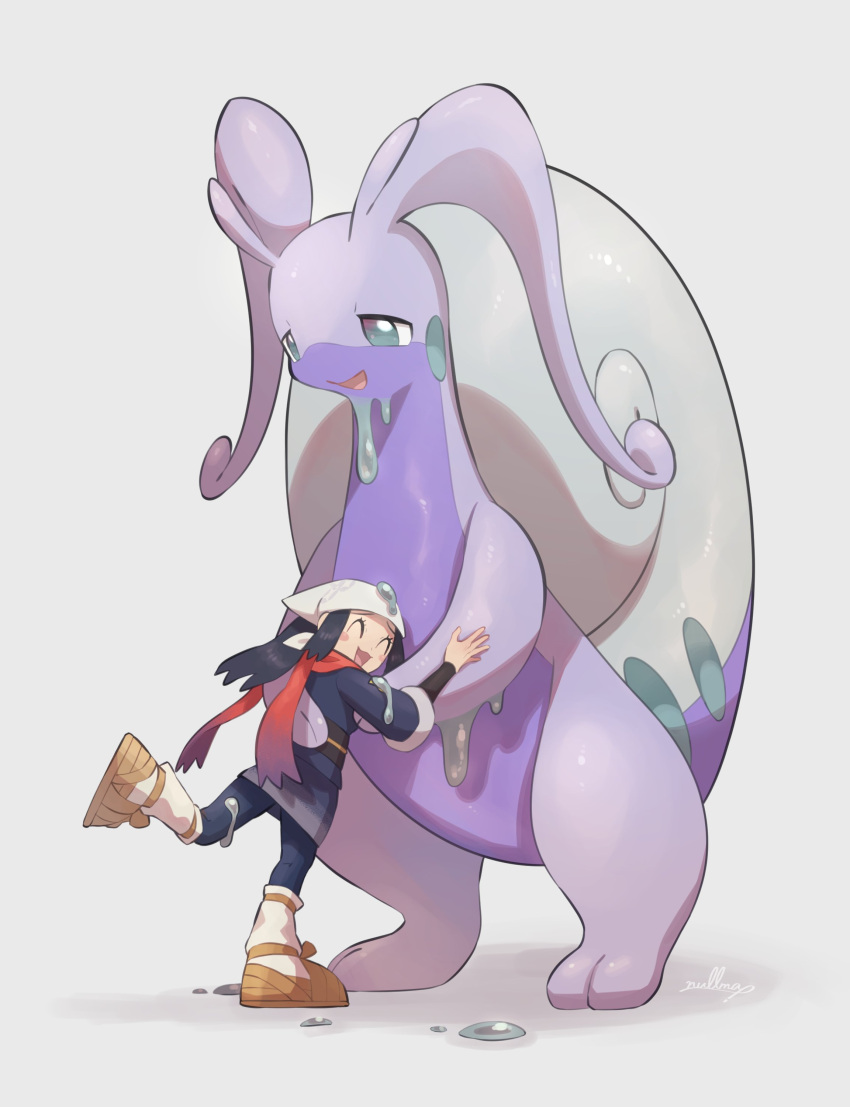 1girl absurdres akari_(pokemon) antennae blue_jacket blue_pants closed_eyes colored_skin commentary_request full_body highres hisuian_goodra hug jacket leg_warmers nullma open_mouth pants pokemon pokemon_(creature) pokemon_legends:_arceus purple_skin red_scarf sandals scarf signature simple_background slime_(substance) smile standing standing_on_one_leg tail white_background white_headwear