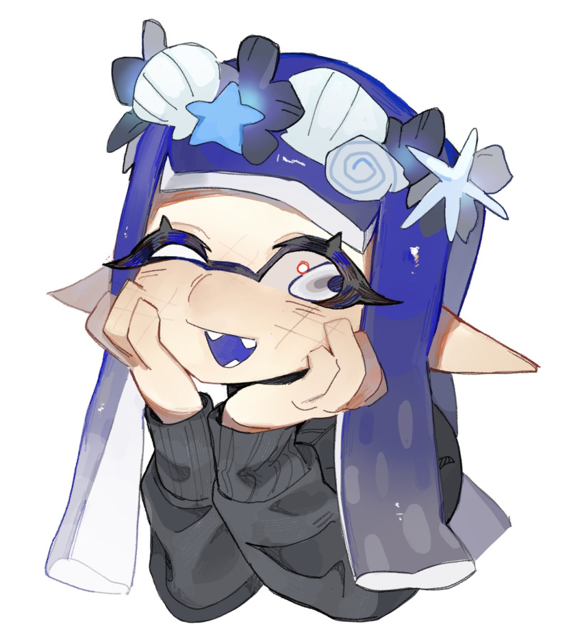 1girl black_sweater blue_hair commentary commission cropped_torso eyelashes hands_on_own_face head_wreath highres inkling inkling_girl long_hair one_eye_closed open_mouth pointy_ears redbeanpie0 simple_background smile solo splatoon_(series) splatoon_3 sweater teeth tentacle_hair upper_body white_background
