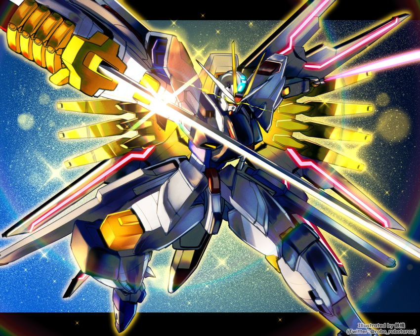 beam_saber check_commentary commentary_request dual_wielding energy_sword english_text gundam gundam_seed gundam_seed_destiny gundam_seed_freedom highres holding holding_sword holding_weapon katana light_particles looking_at_viewer mecha mighty_strike_freedom_gundam no_humans robo_robotarou robot science_fiction solo sparkle spoilers strike_freedom_gundam sword twitter_username v-fin weapon yellow_eyes