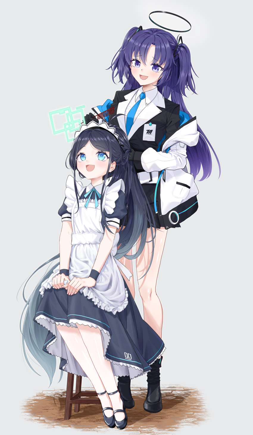 2girls absurdres apron aris_(blue_archive) aris_(maid)_(blue_archive) black_dress black_footwear black_hair black_skirt blue_archive blue_eyes blue_necktie blush boots breasts collared_shirt dress frilled_apron frills green_halo grey_background halo highres jacket long_sleeves maid maid_apron maid_headdress mechanical_halo medium_breasts multiple_girls necktie official_alternate_costume open_mouth pleated_skirt ponytail puffy_short_sleeves puffy_sleeves purple_hair shirt shoes short_sleeves simple_background skirt smile suit two-sided_fabric two-sided_jacket two_side_up violet_eyes weasaker white_apron white_jacket white_shirt yuuka_(blue_archive)